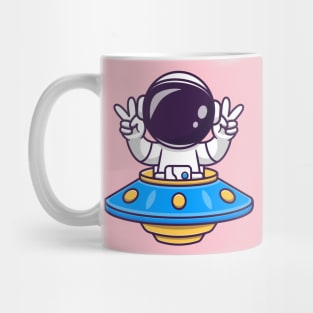 Cute Astronaut Riding UFO With Peace Sign Cartoon Mug